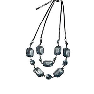 New Vtg Black Rhodium Light Blue Crystal Double Strand Rock Candy Necklace